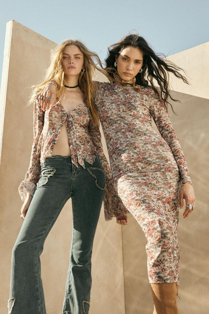 Rose Knows Floral Mesh Tie-Front Bell-Sleeve Top