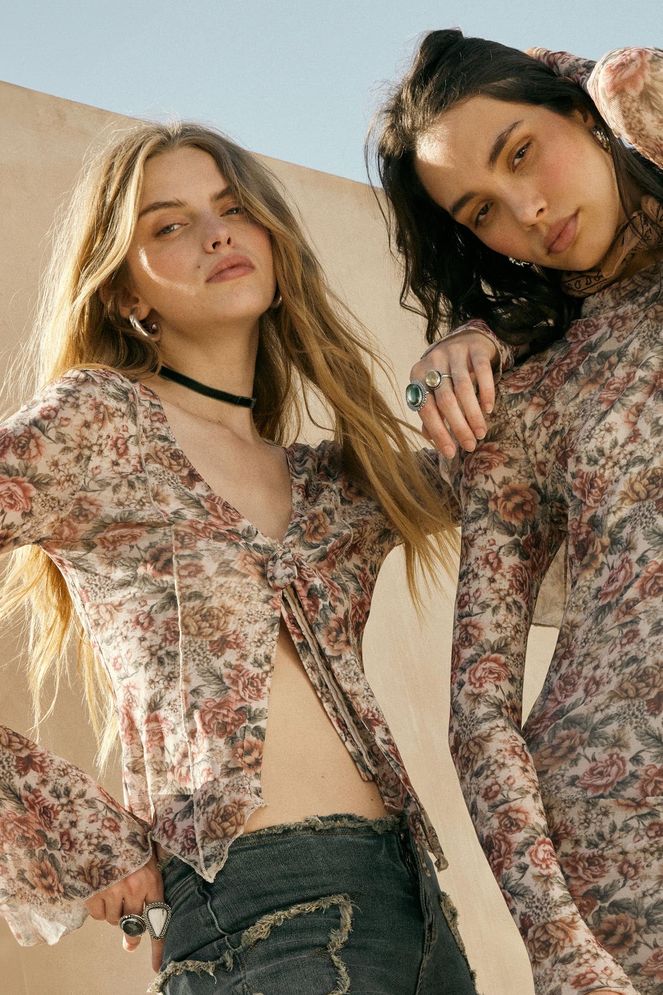 Rose Knows Floral Mesh Tie-Front Bell-Sleeve Top