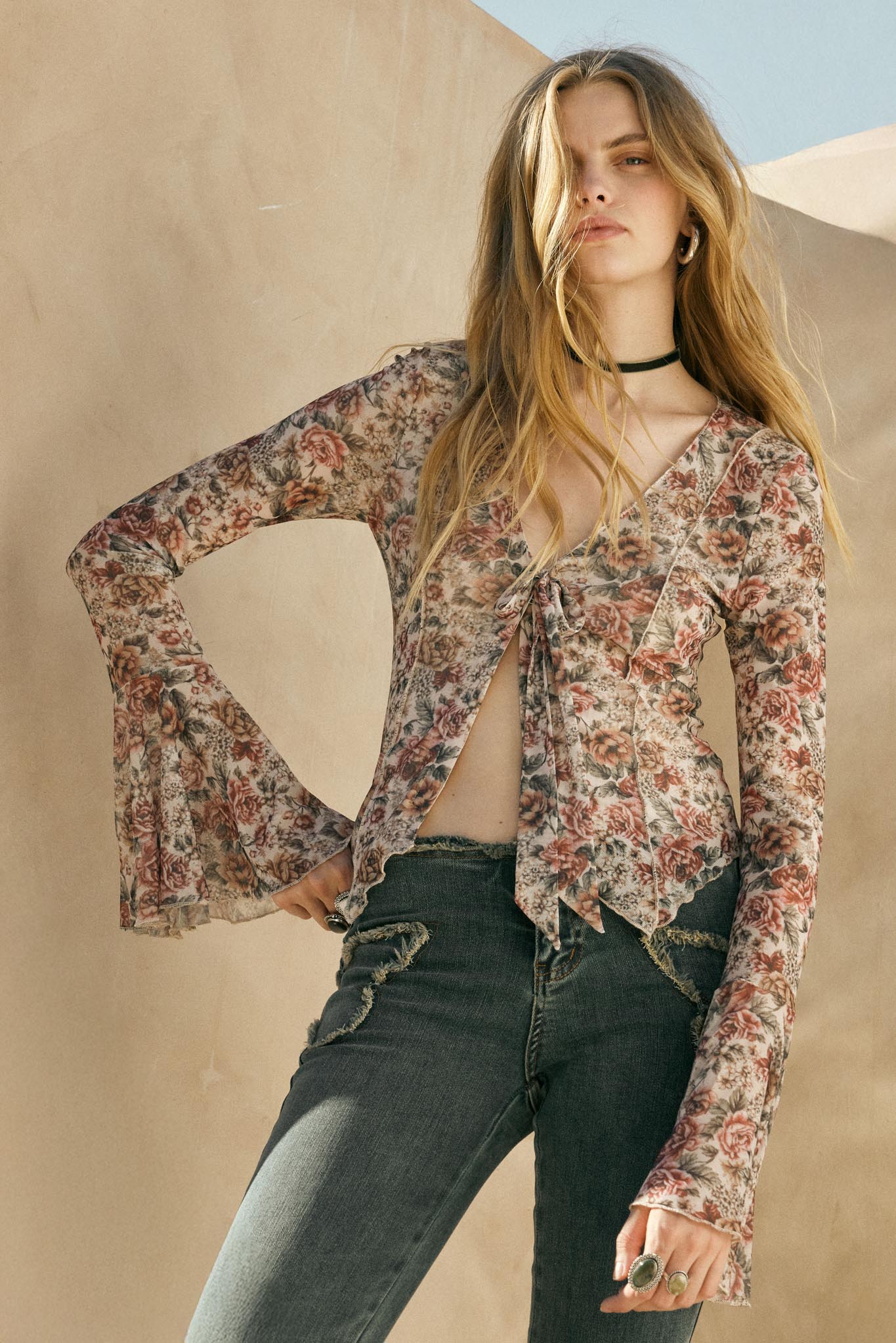 Rose Knows Floral Mesh Tie-Front Bell-Sleeve Top
