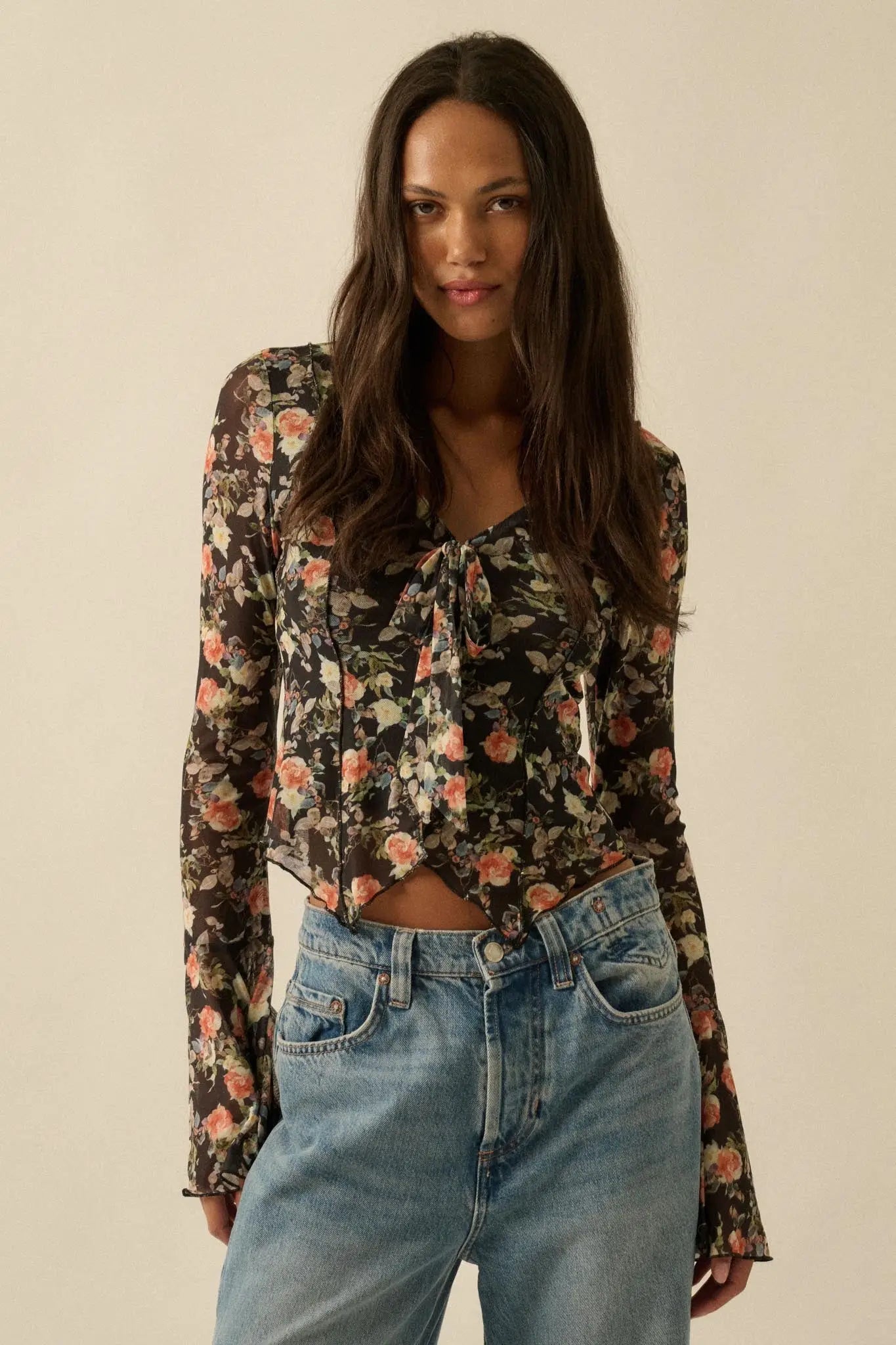 Garden Beauty Floral Mesh Bell-Sleeve Top