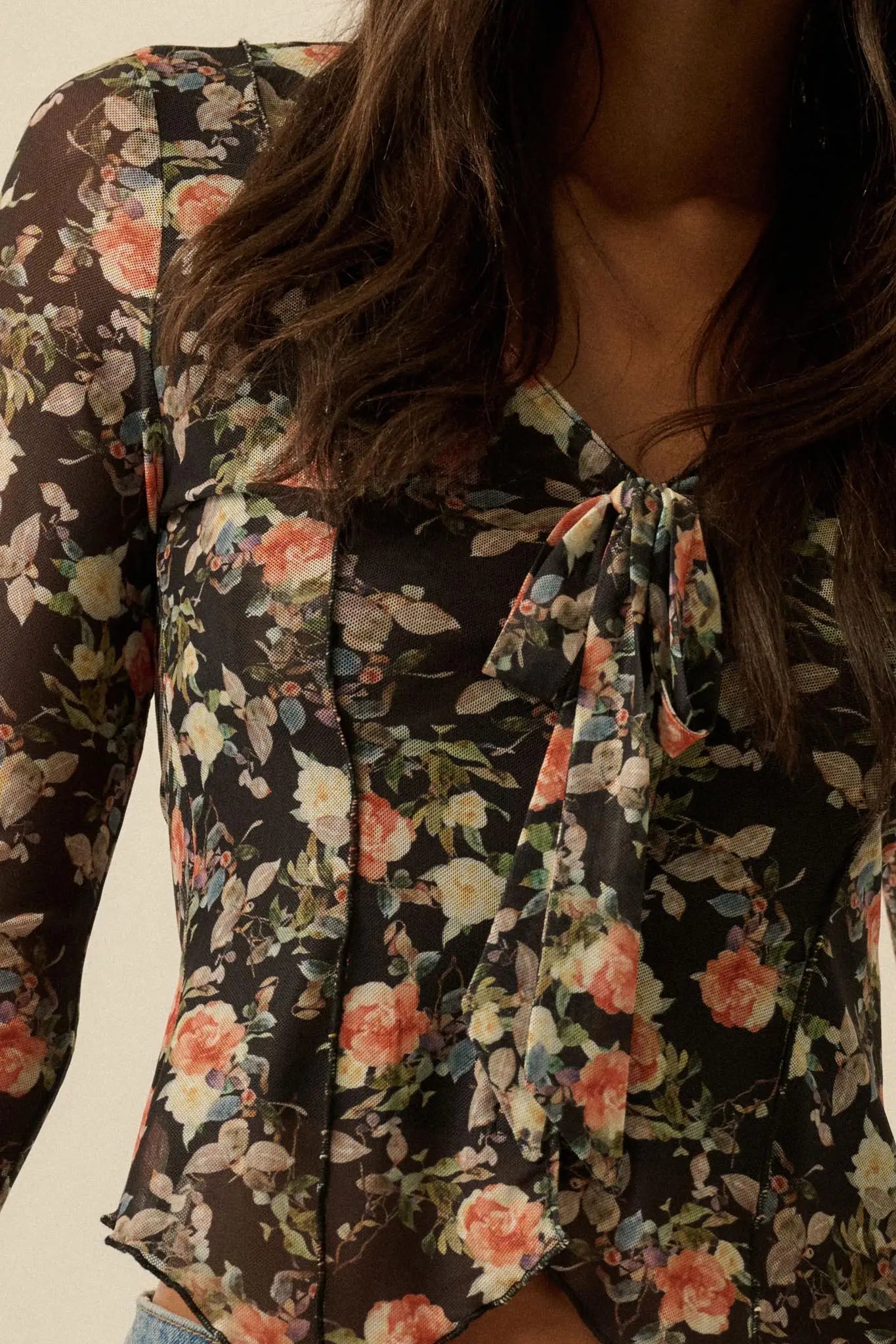 Garden Beauty Floral Mesh Bell-Sleeve Top