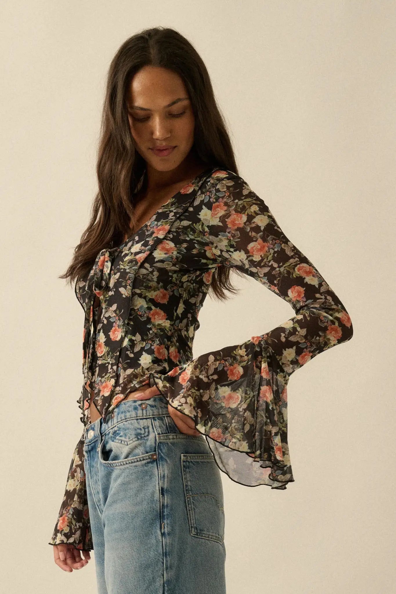 Garden Beauty Floral Mesh Bell-Sleeve Top