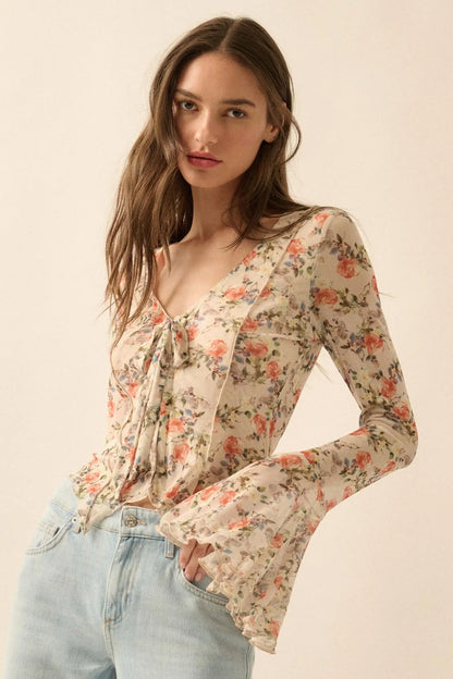 Garden Beauty Floral Mesh Bell-Sleeve Top