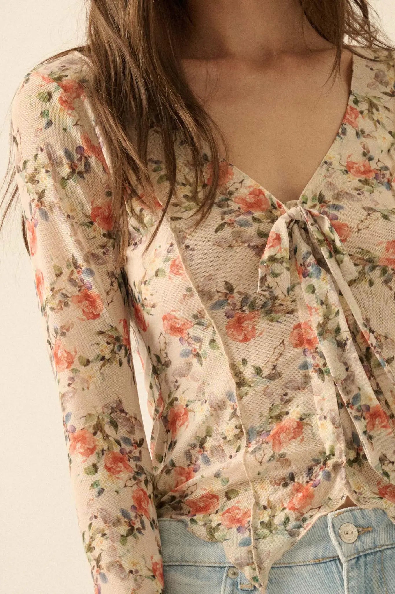 Garden Beauty Floral Mesh Bell-Sleeve Top