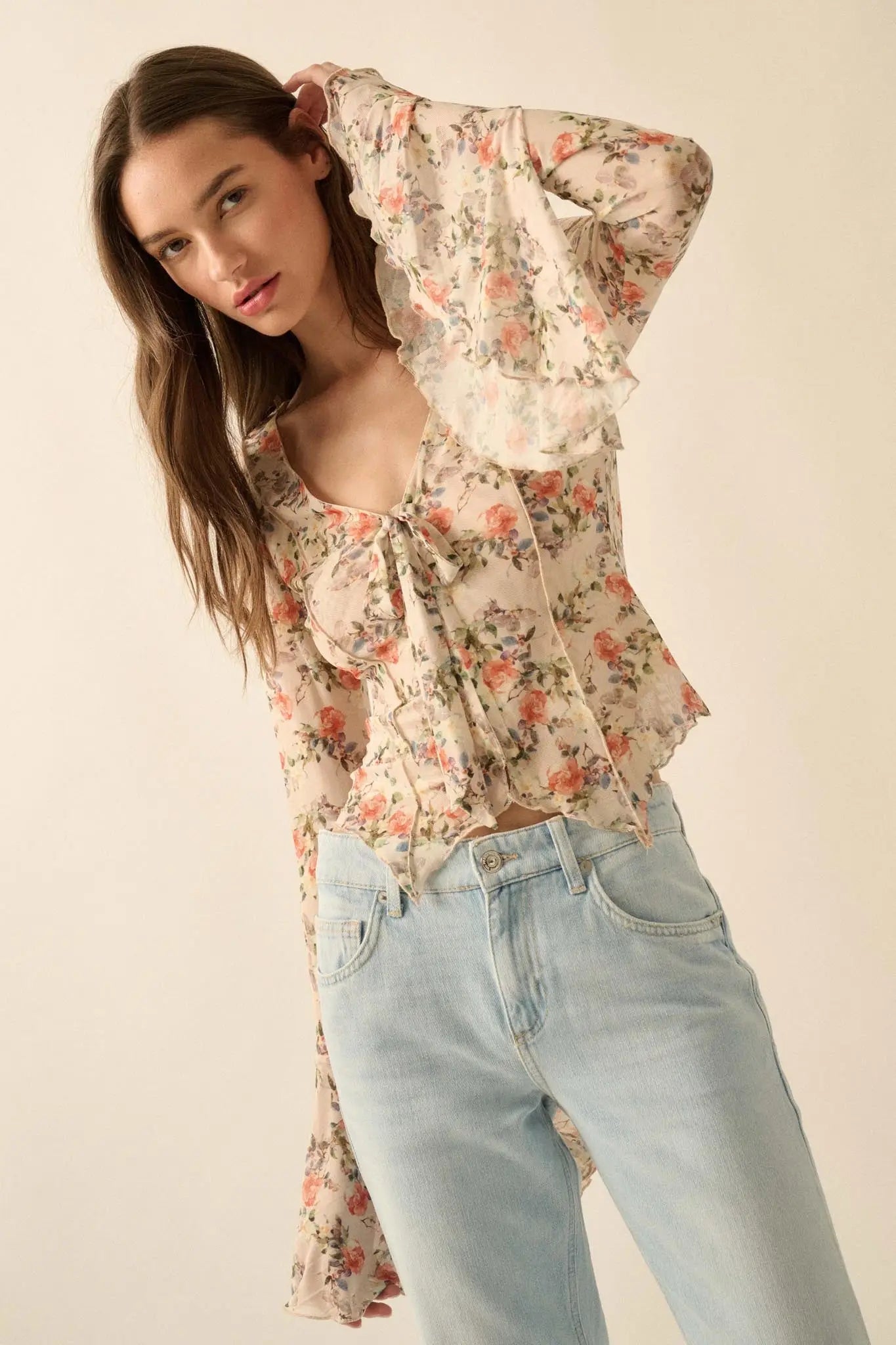 Garden Beauty Floral Mesh Bell-Sleeve Top