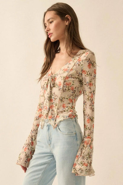Garden Beauty Floral Mesh Bell-Sleeve Top