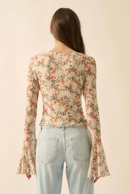 Garden Beauty Floral Mesh Bell-Sleeve Top
