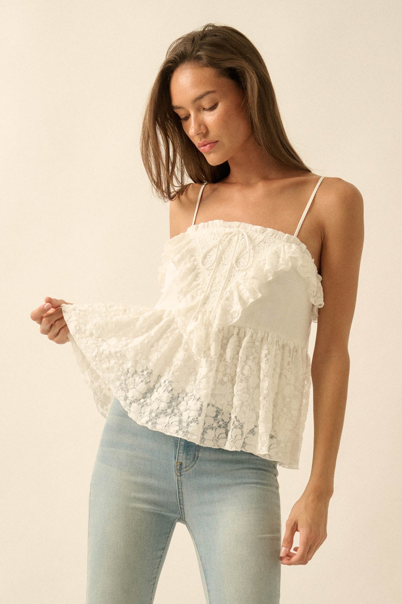 Frill Seeker Ruffled Floral Lace Babydoll Cami Top