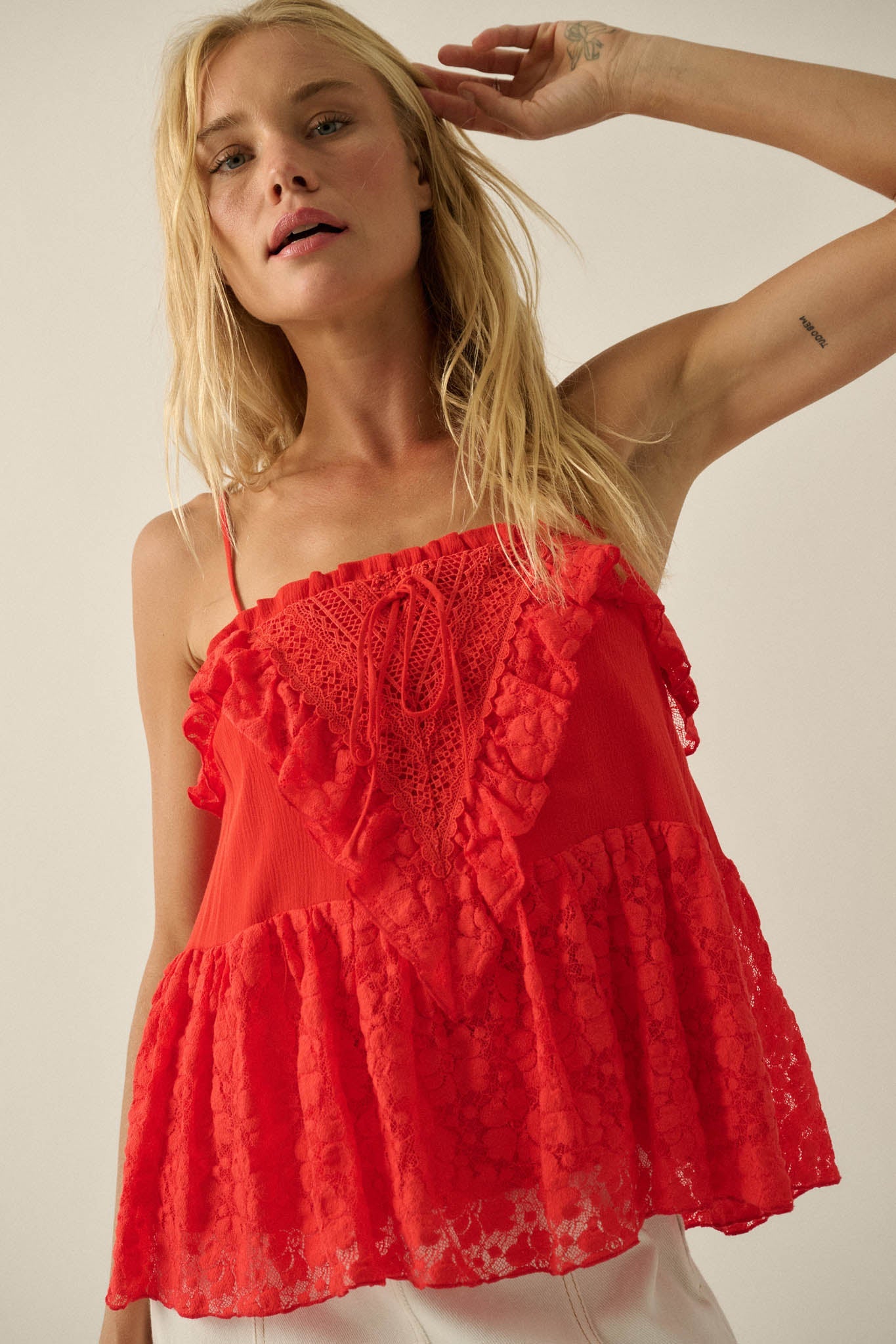 Frill Seeker Ruffled Floral Lace Babydoll Cami Top