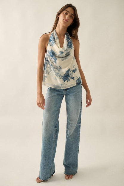 Pure Elegance Floral Chiffon Cowl-Neck Halter Top