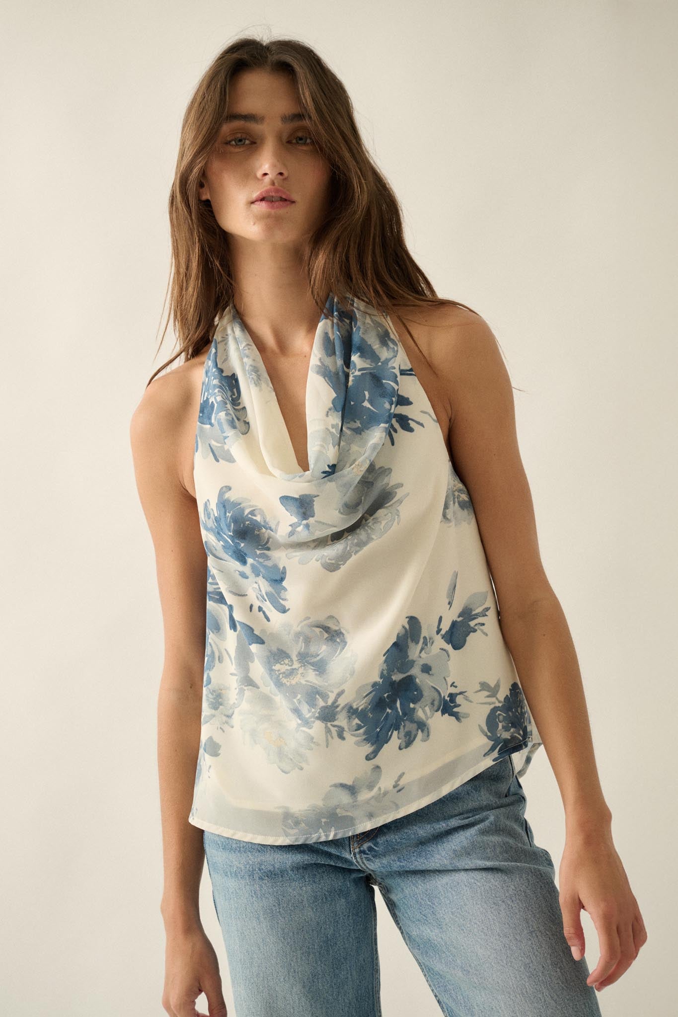 Pure Elegance Floral Chiffon Cowl-Neck Halter Top