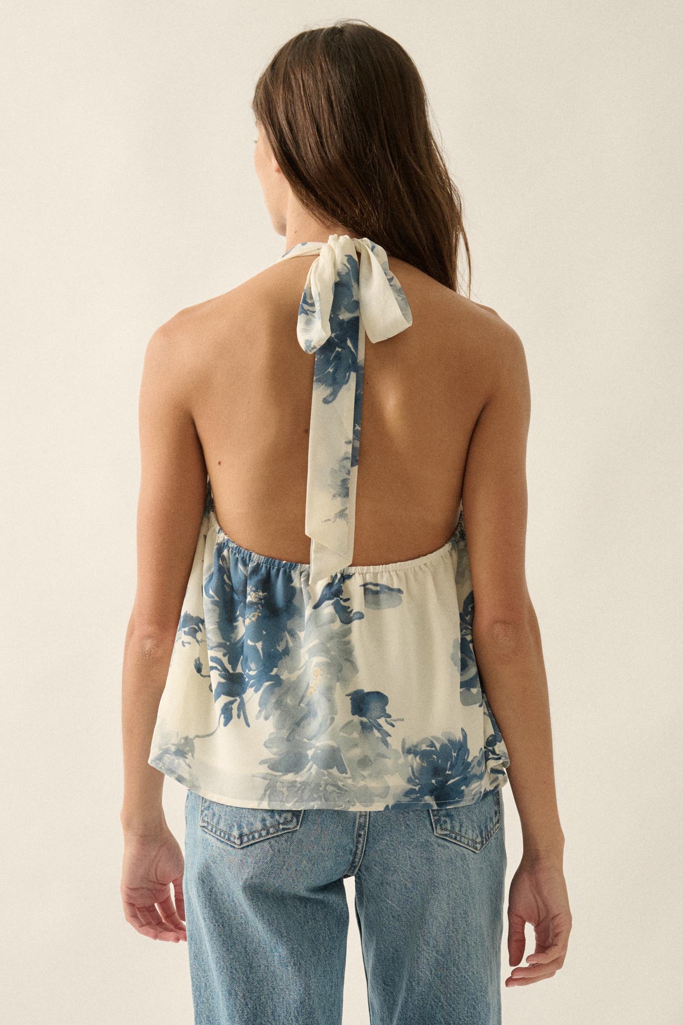 Pure Elegance Floral Chiffon Cowl-Neck Halter Top