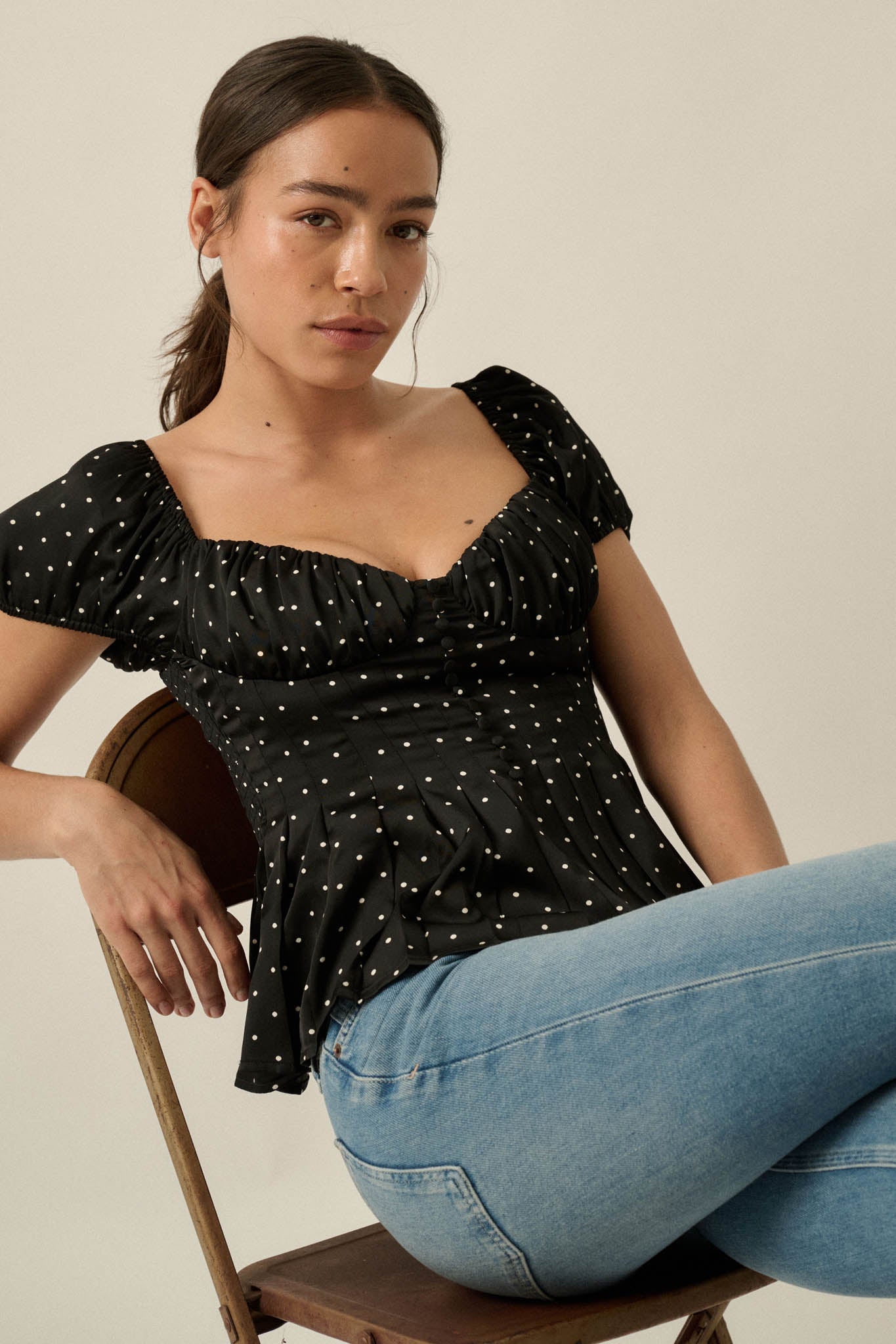 On the Dot Polka Dot Satin Puff-Sleeve Peplum Top