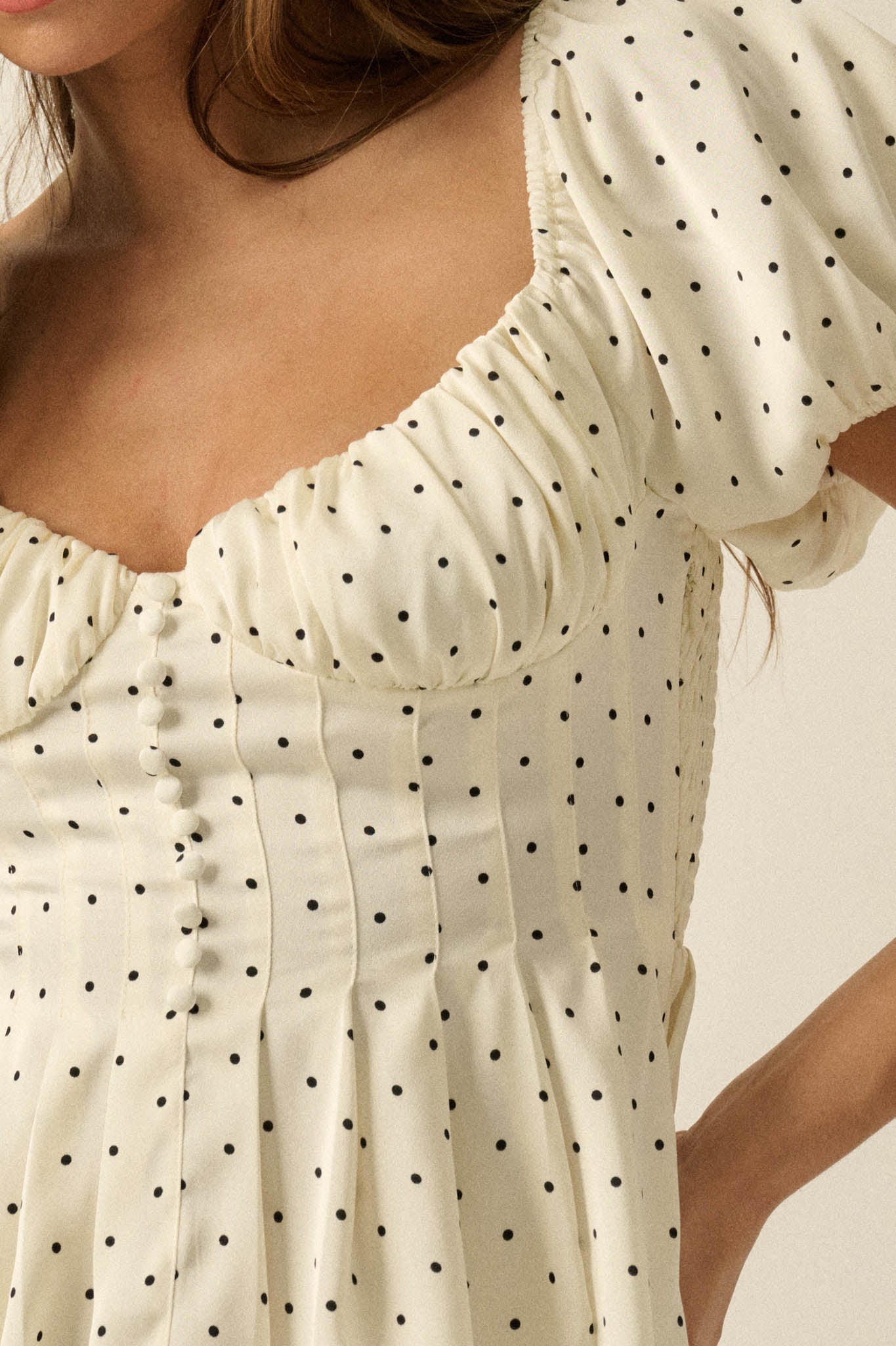On the Dot Polka Dot Satin Puff-Sleeve Peplum Top