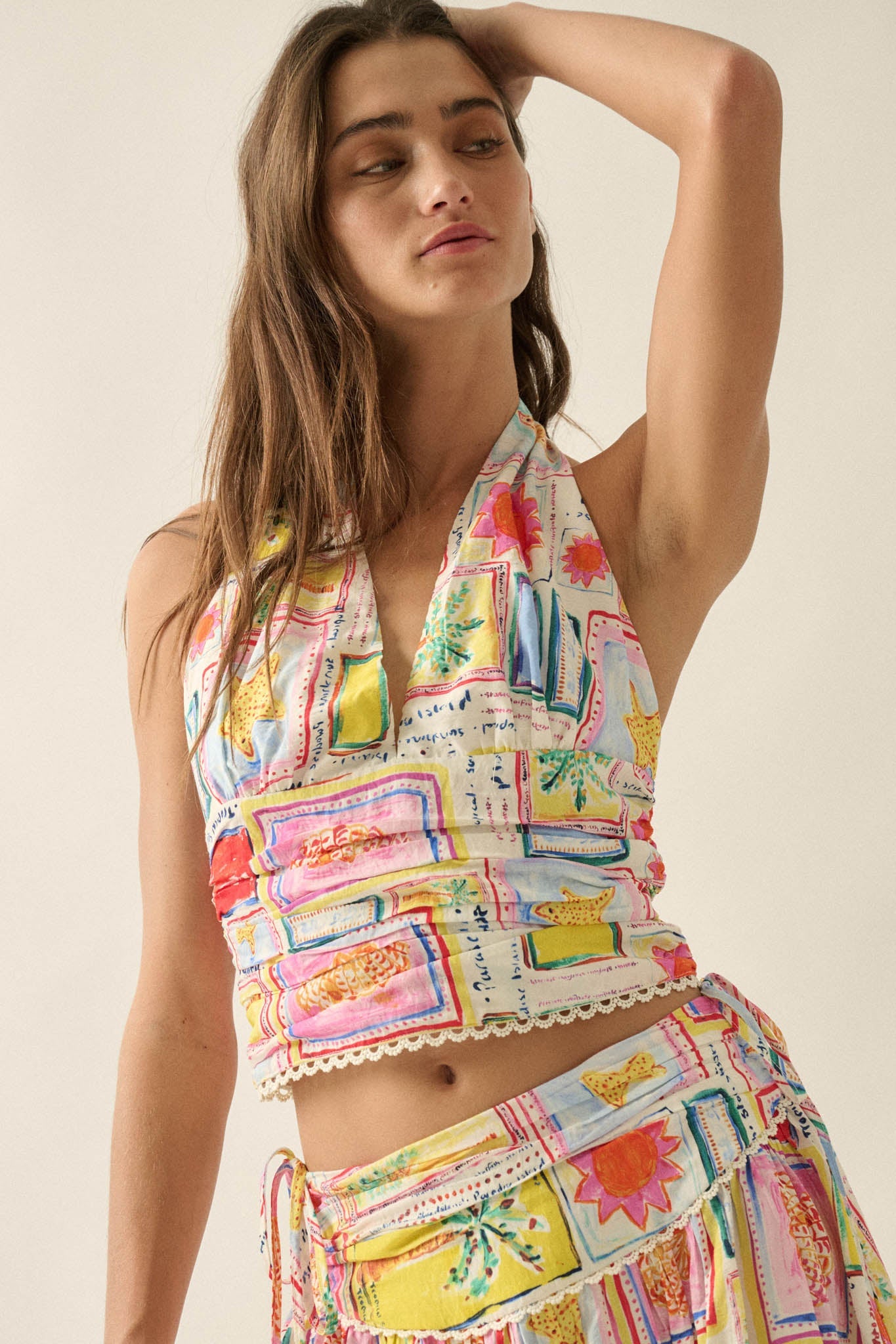 Almost Paradise Tropical-Print Cropped Halter Top