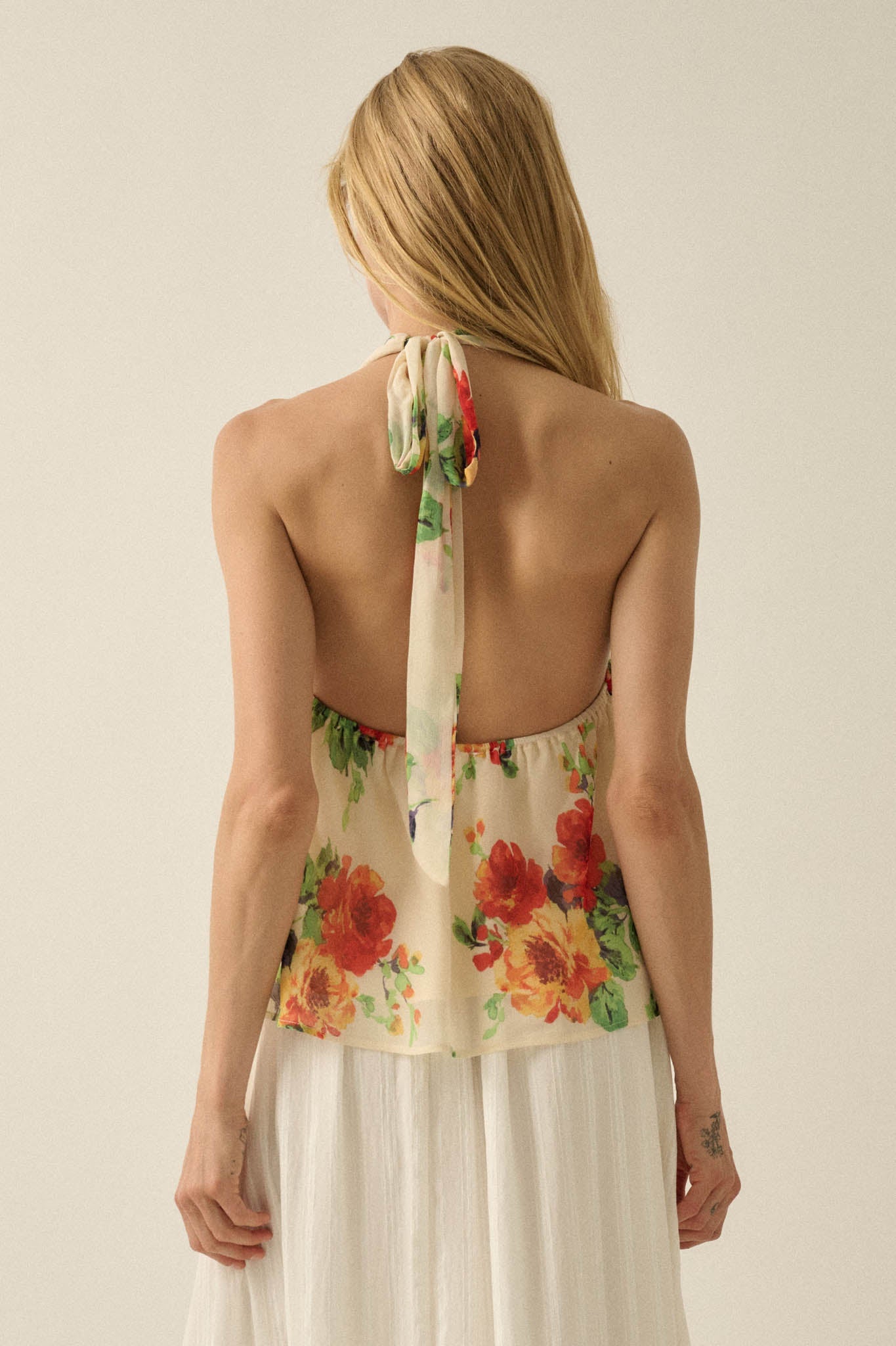 Magical Blooms Floral Chiffon Cowl-Neck Halter Top