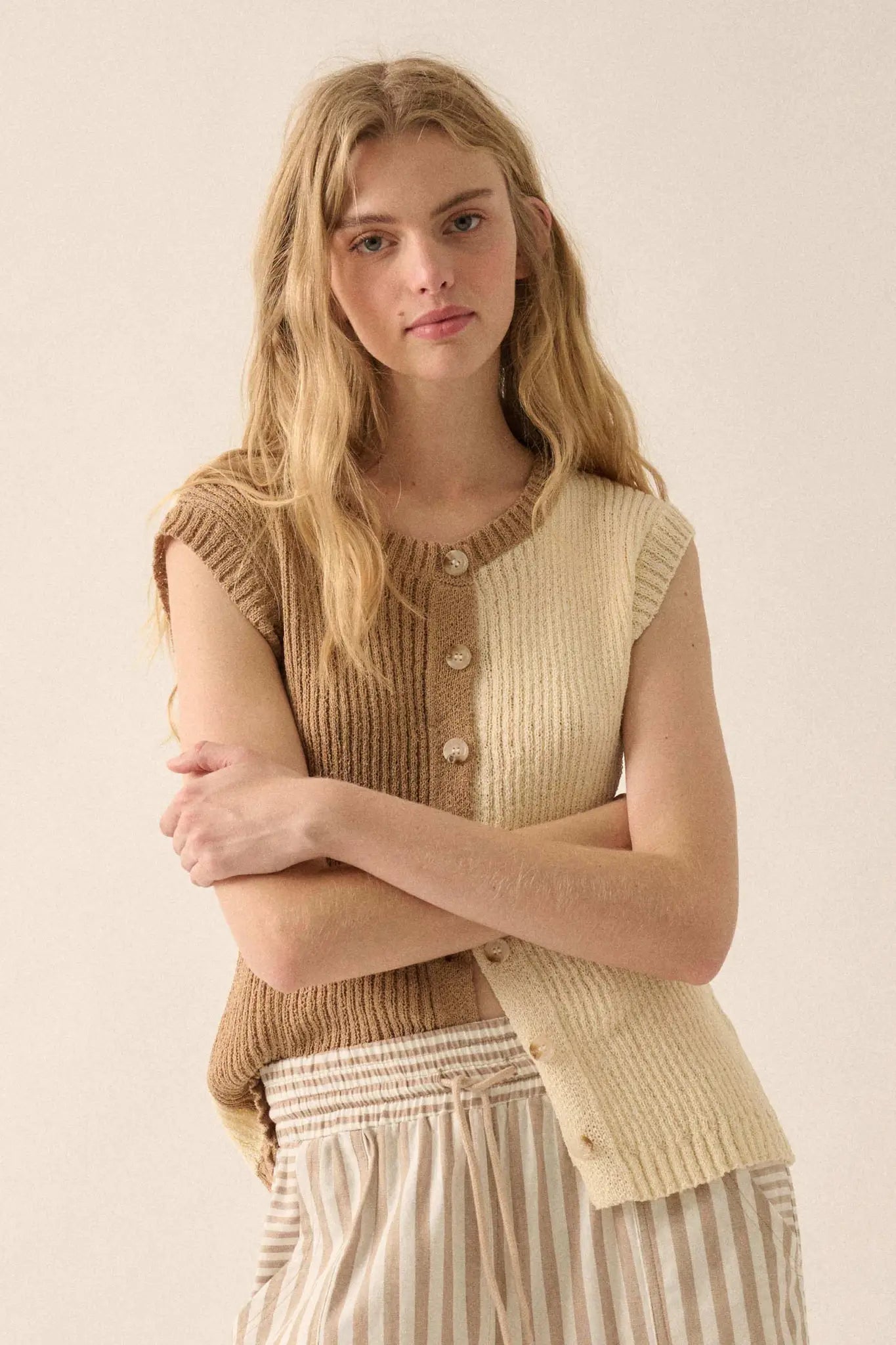 Double Date Colorblock Knit Buttoned Sweater Vest