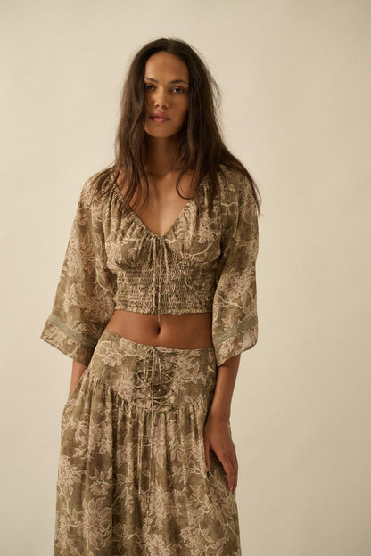 Dearest Love Floral Chiffon Cropped Peasant Top
