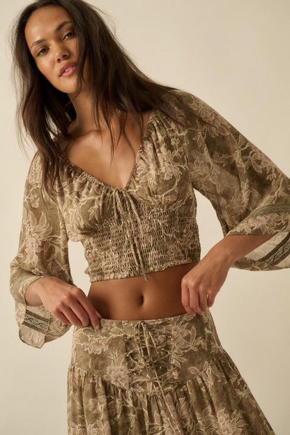 Dearest Love Floral Chiffon Cropped Peasant Top