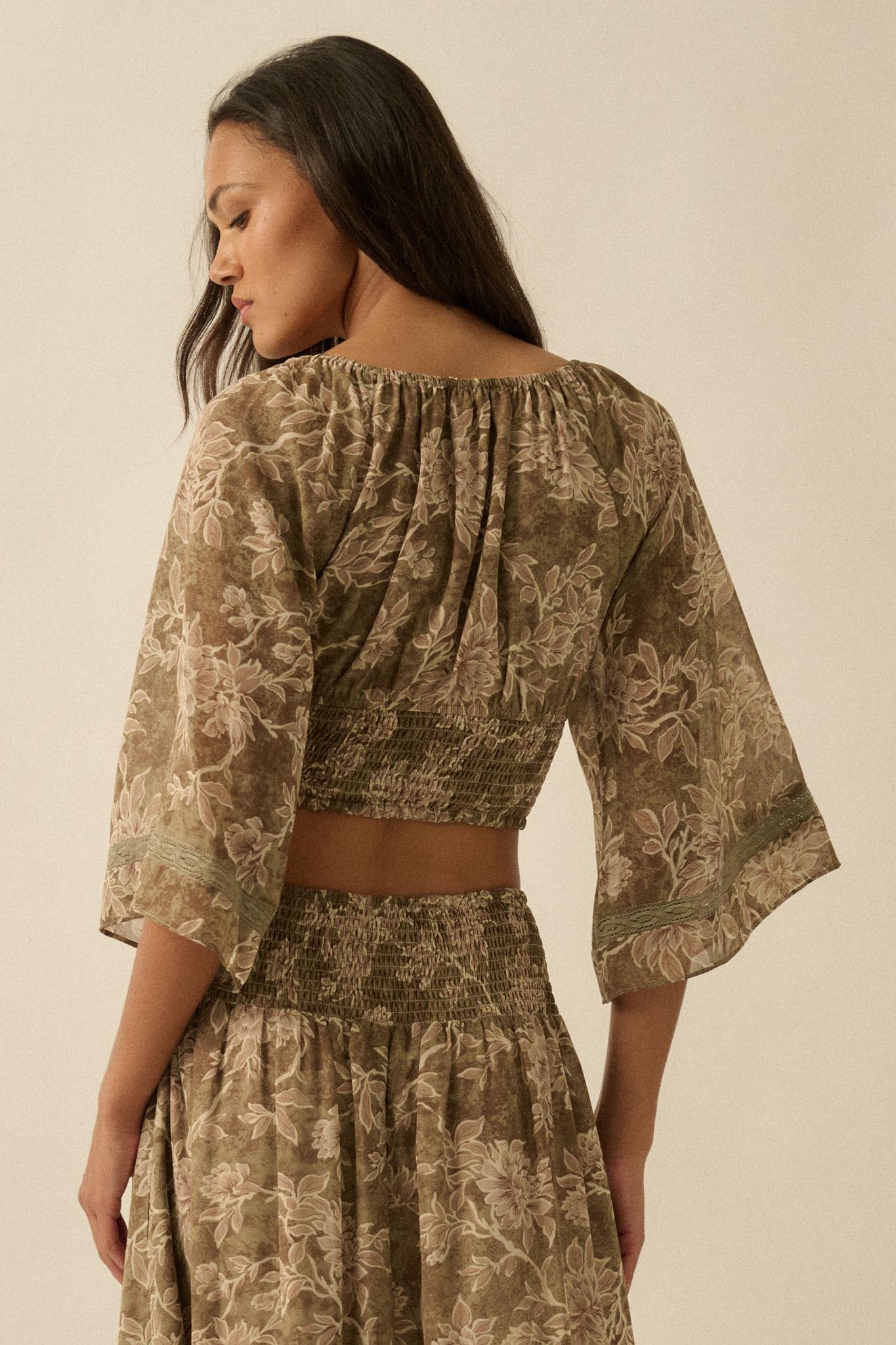 Dearest Love Floral Chiffon Cropped Peasant Top