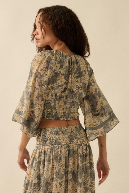 Dearest Love Floral Chiffon Cropped Peasant Top