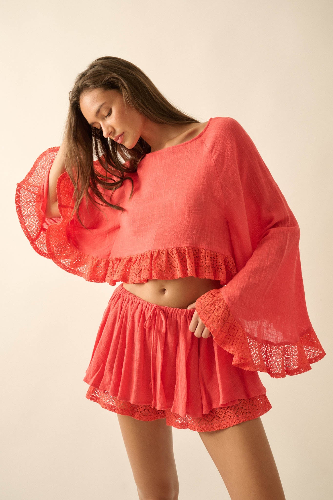 Fancy Free Cotton Gauze and Lace Angel-Sleeve Top