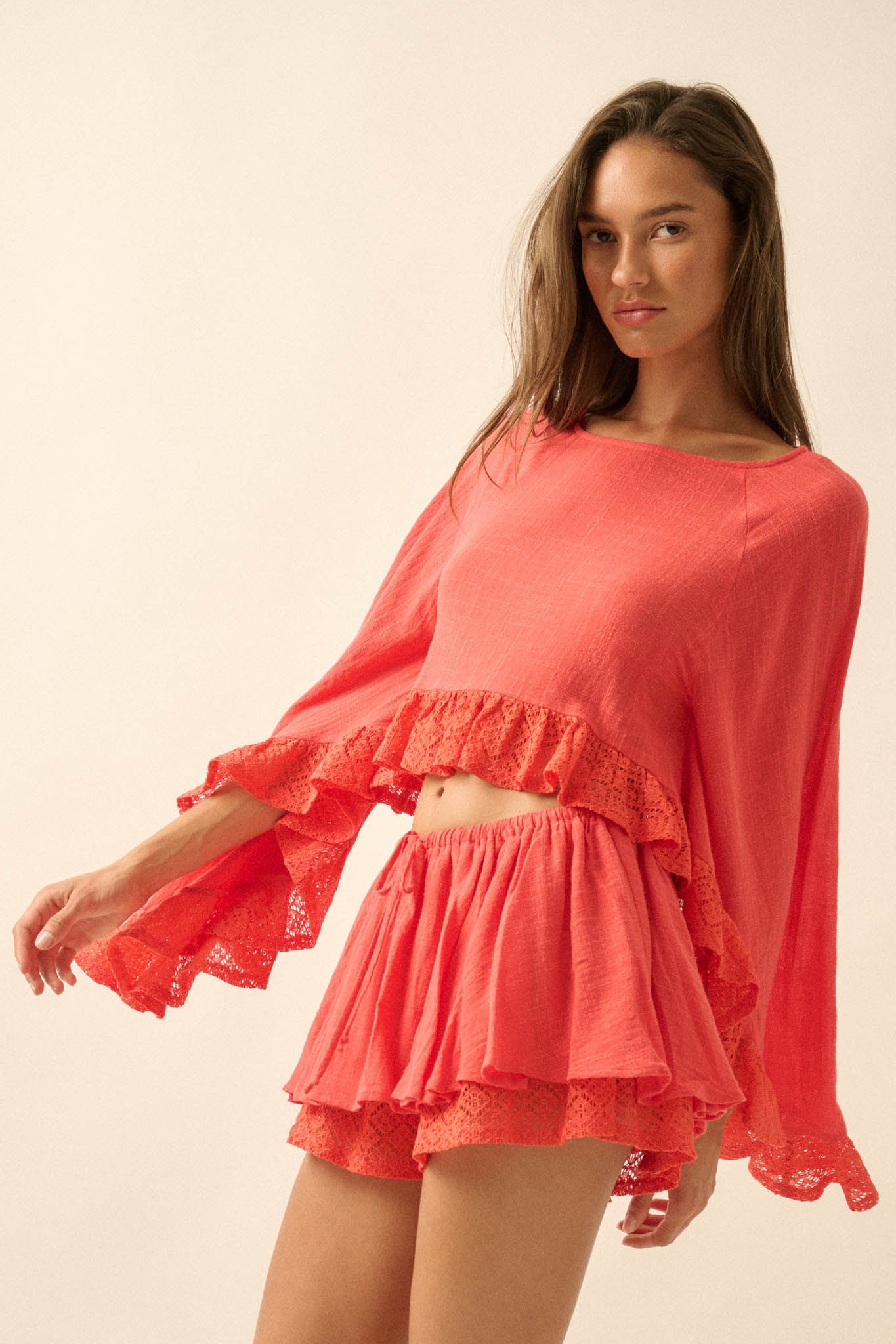 Fancy Free Cotton Gauze and Lace Angel-Sleeve Top