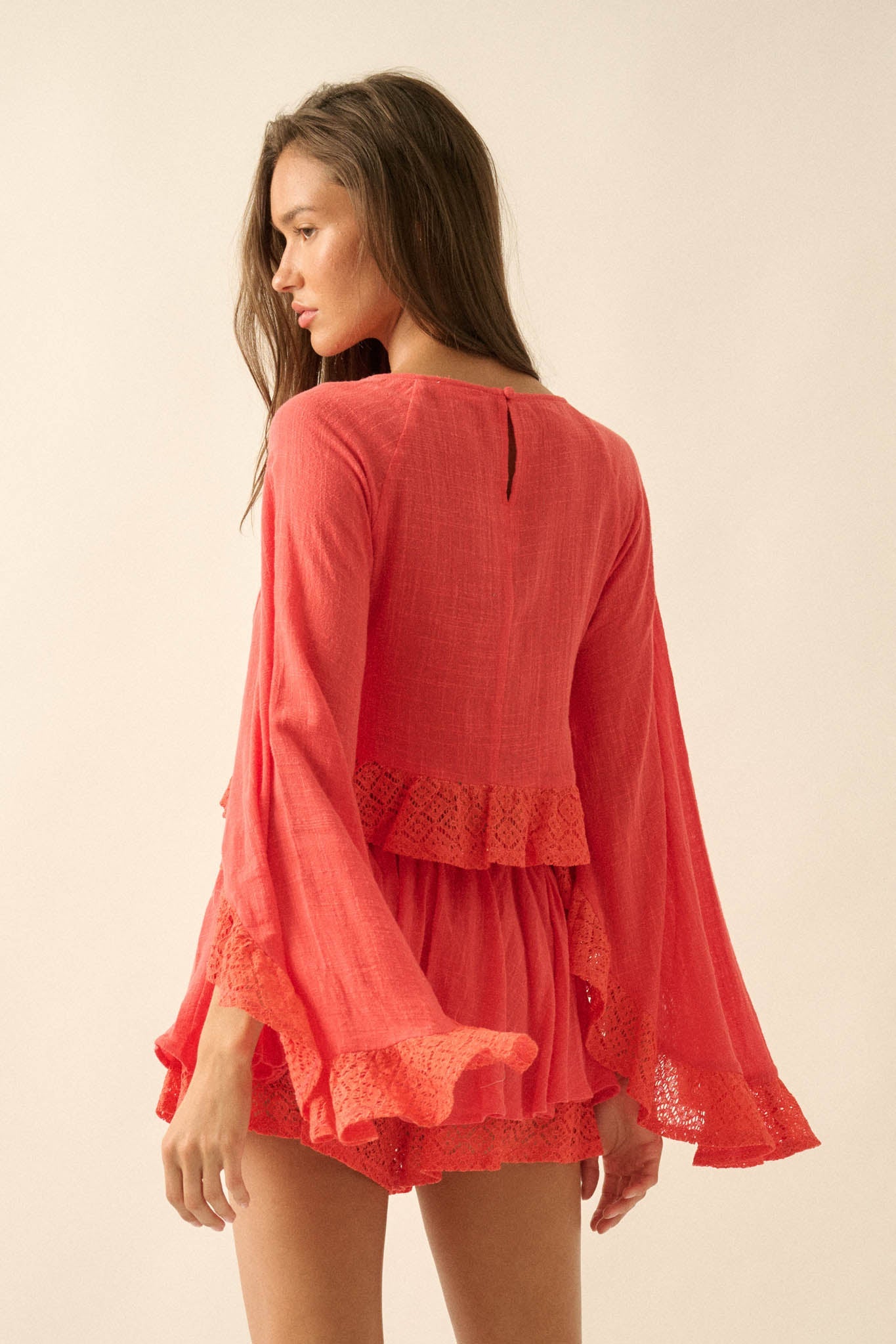 Fancy Free Cotton Gauze and Lace Angel-Sleeve Top