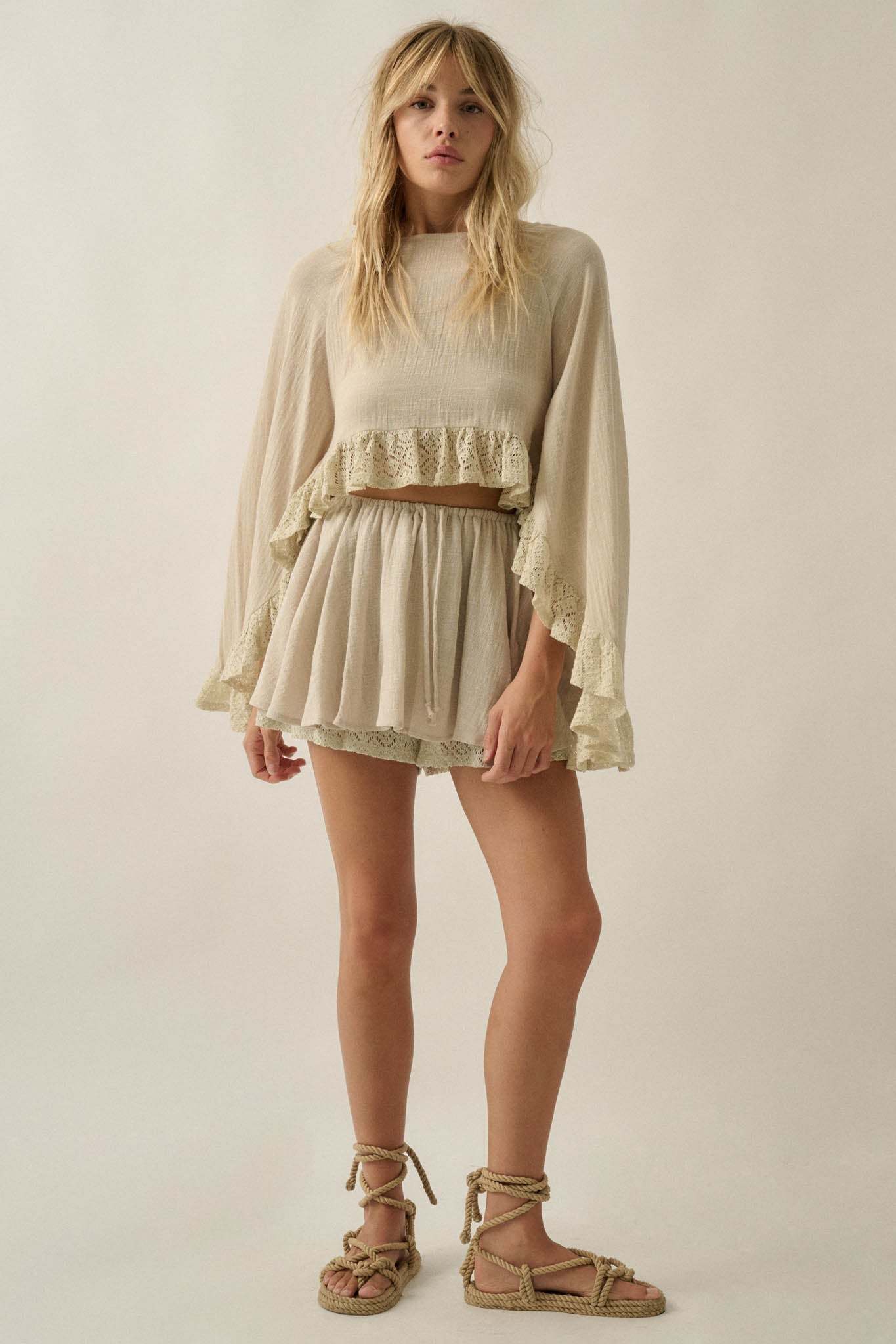 Fancy Free Cotton Gauze and Lace Angel-Sleeve Top
