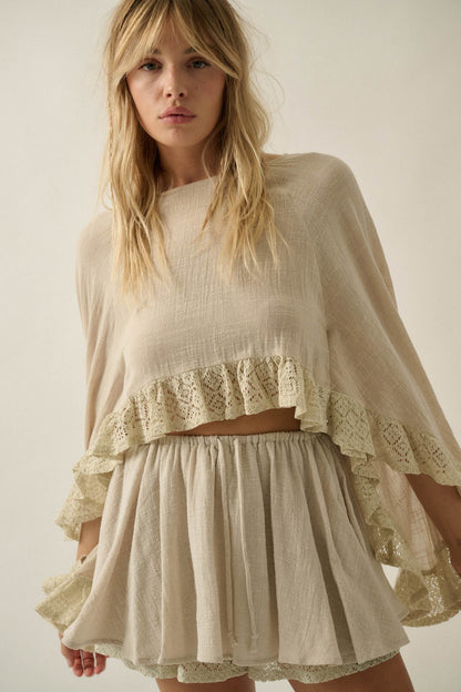 Fancy Free Cotton Gauze and Lace Angel-Sleeve Top