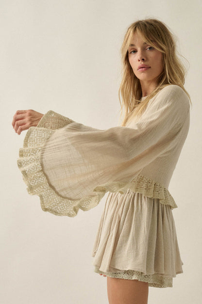 Fancy Free Cotton Gauze and Lace Angel-Sleeve Top