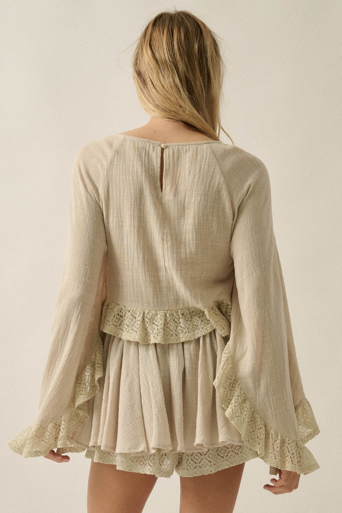 Fancy Free Cotton Gauze and Lace Angel-Sleeve Top