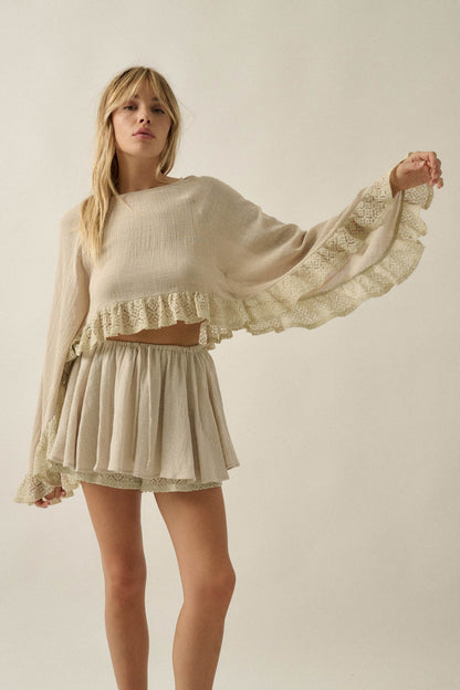 Fancy Free Cotton Gauze and Lace Angel-Sleeve Top