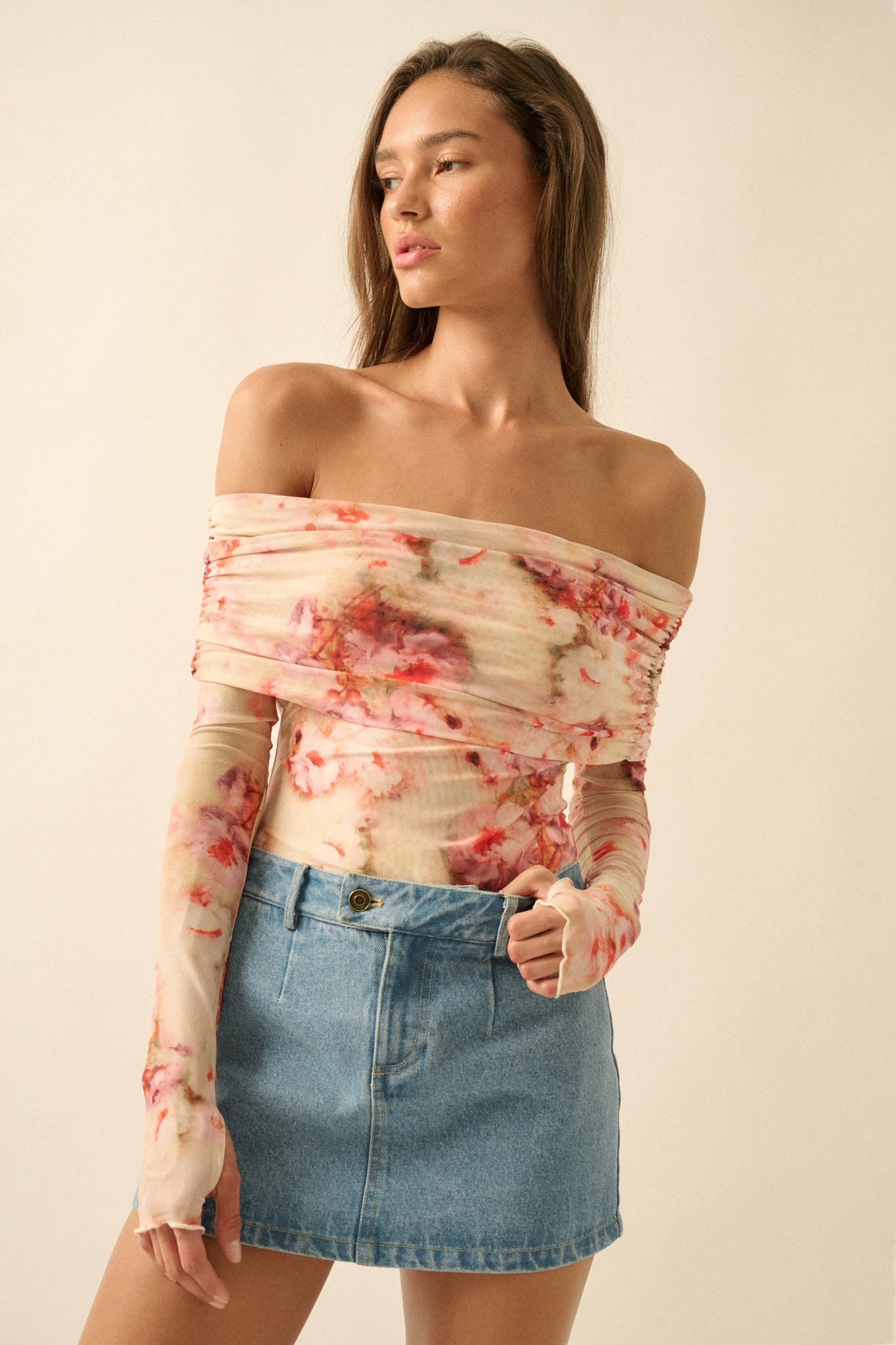 Always Rosy Floral Mesh Off-Shoulder Bodysuit