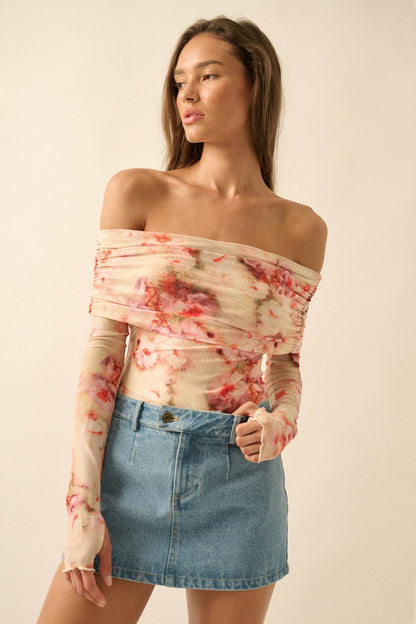 Always Rosy Floral Mesh Off-Shoulder Bodysuit