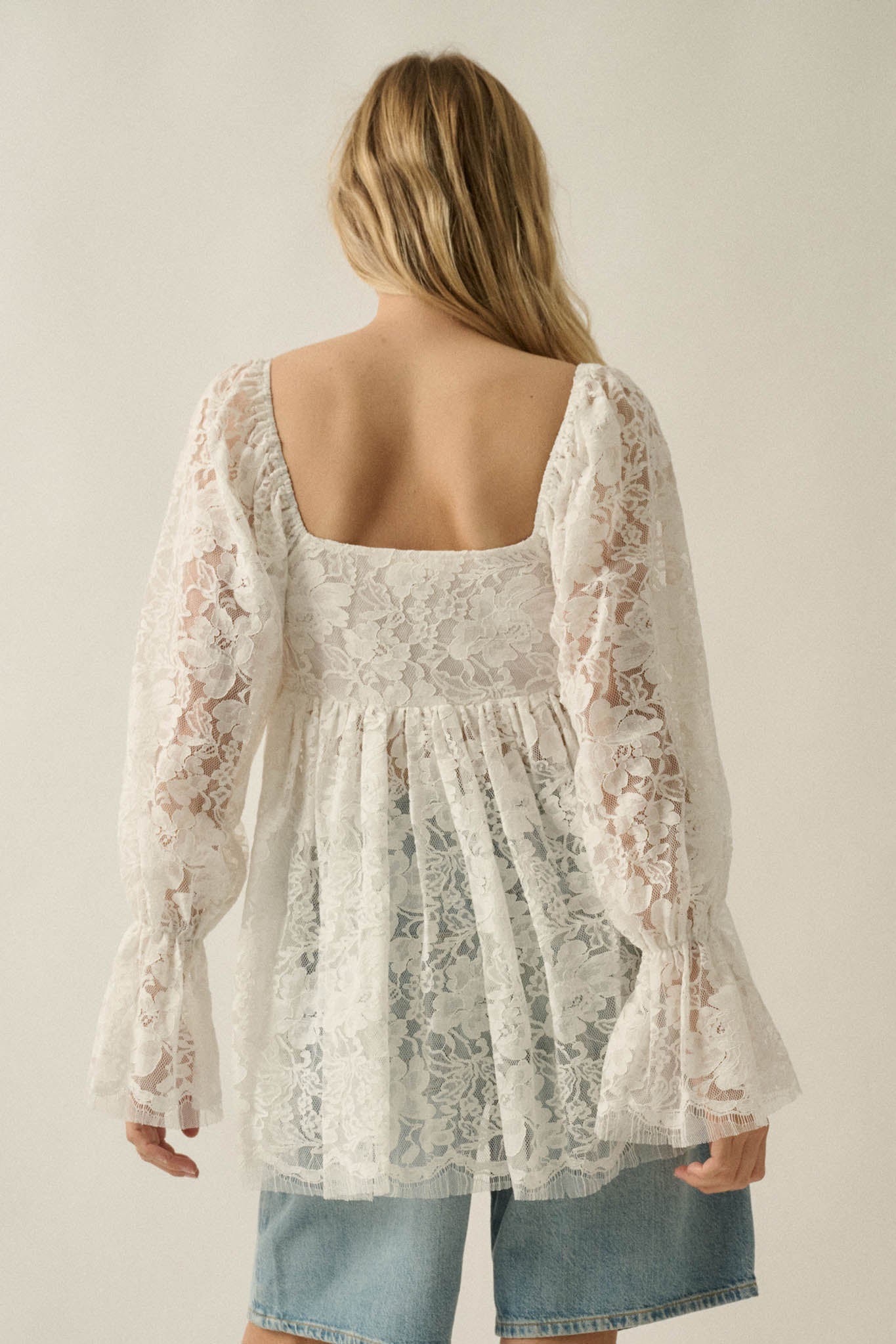 Baby Cakes Smocked Lace Square-Neck Babydoll Top