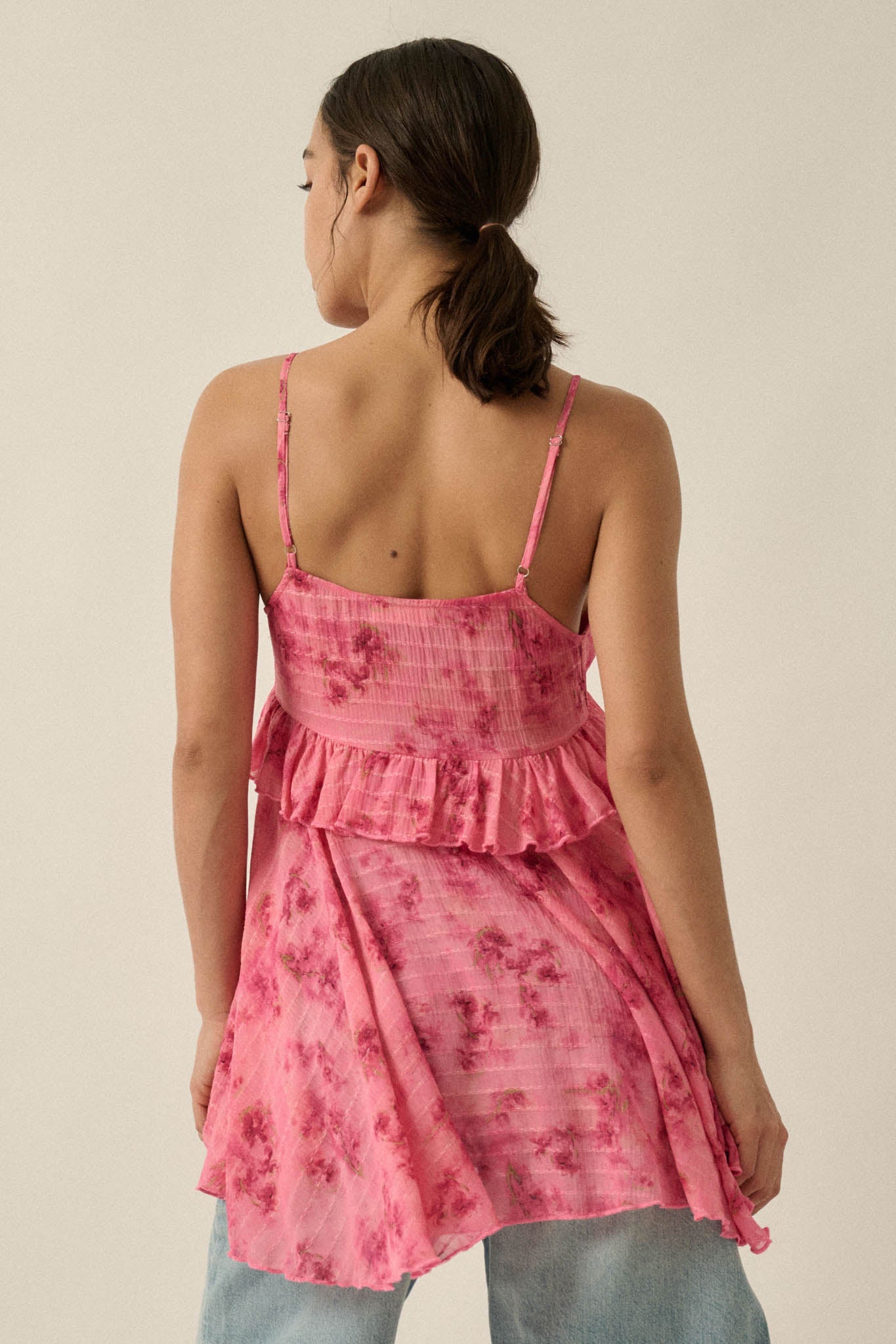 Full Bloom Striped Floral Chiffon Babydoll Cami Top