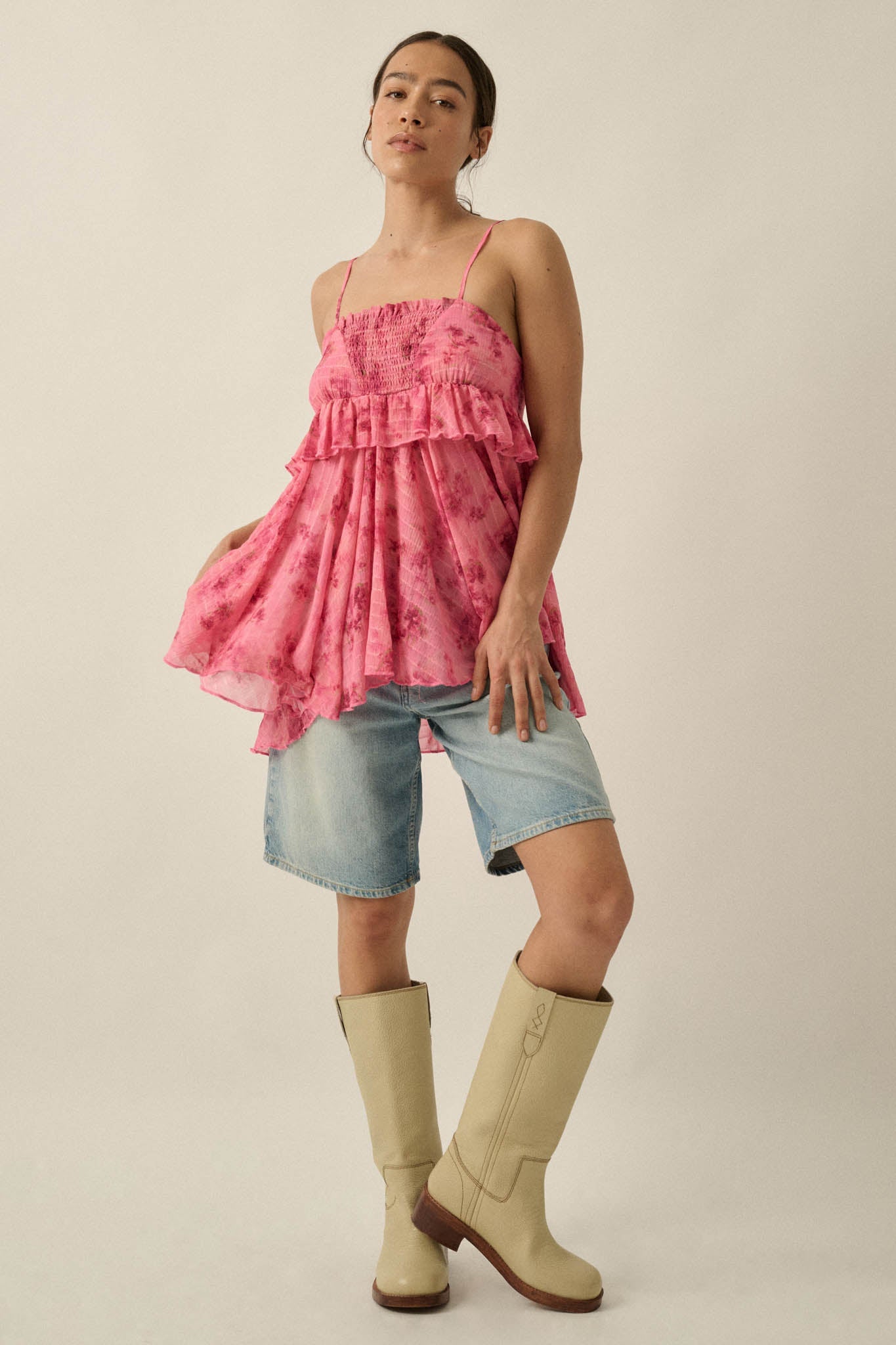 Full Bloom Striped Floral Chiffon Babydoll Cami Top
