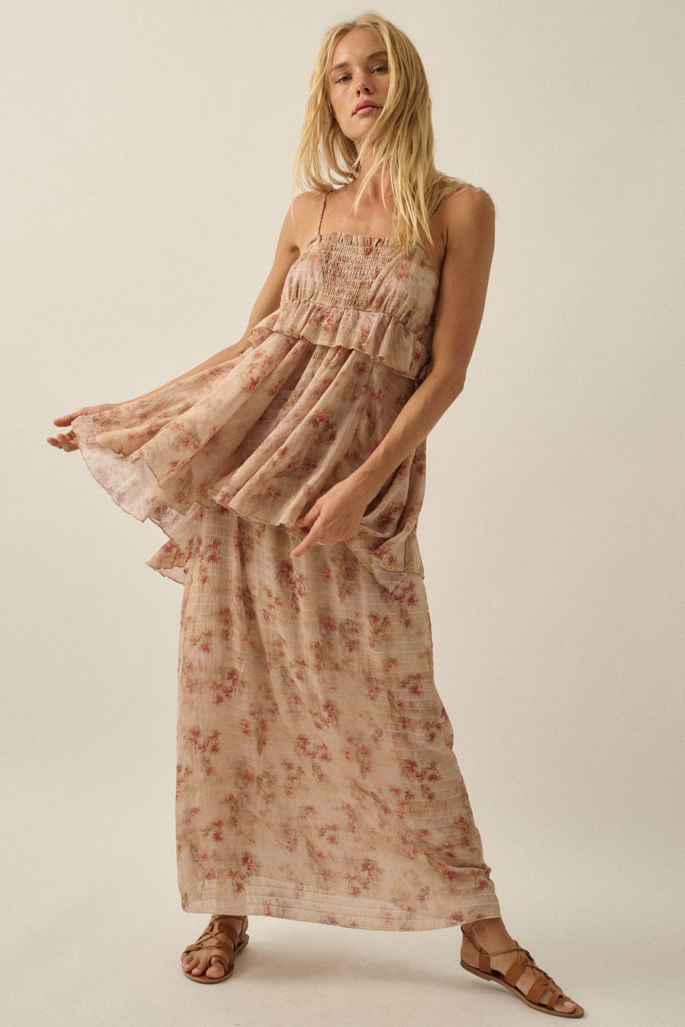 Full Bloom Striped Floral Chiffon Babydoll Cami Top