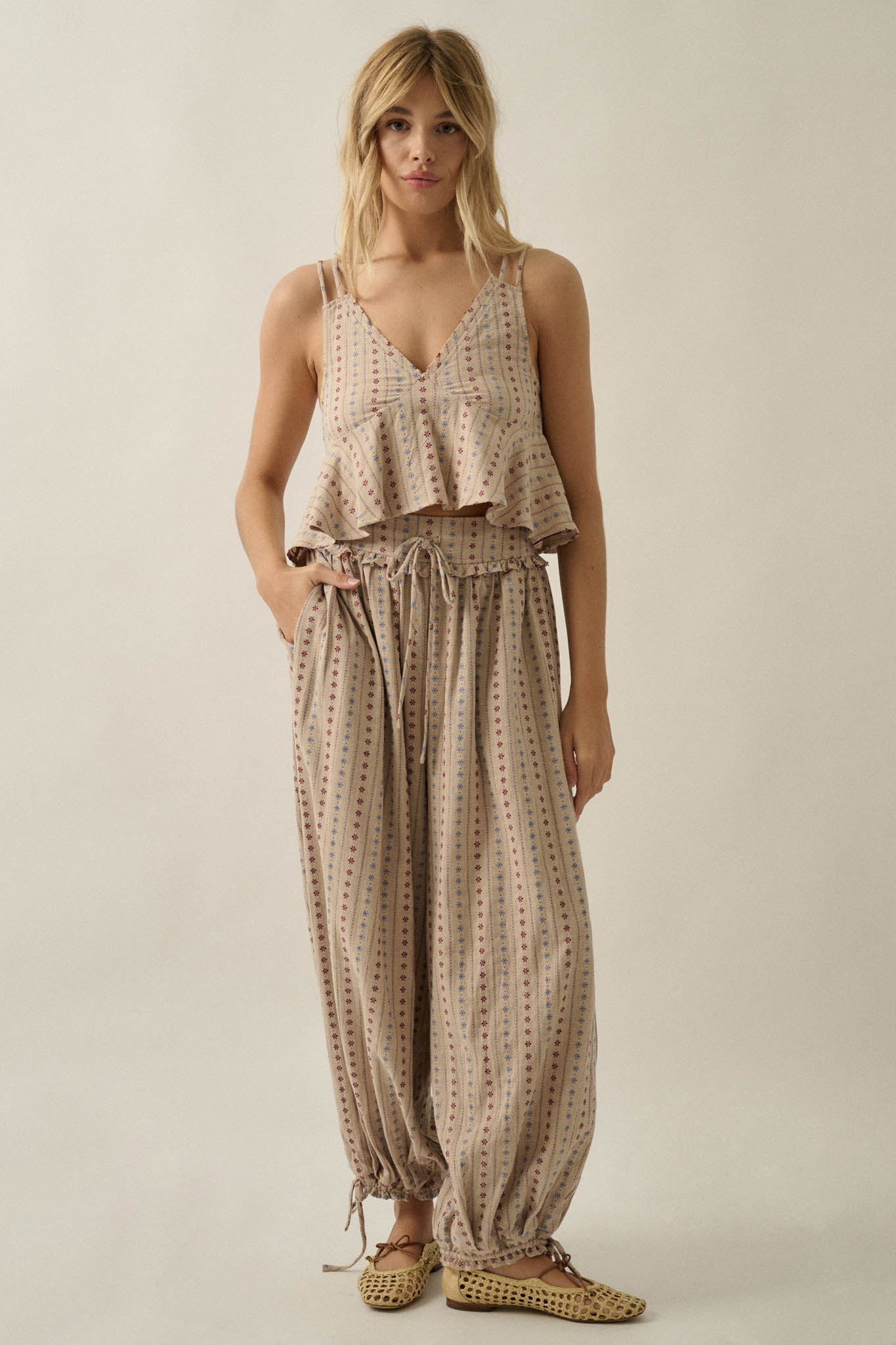 Market Day Floral-Stripe Cotton Babydoll Cami Top
