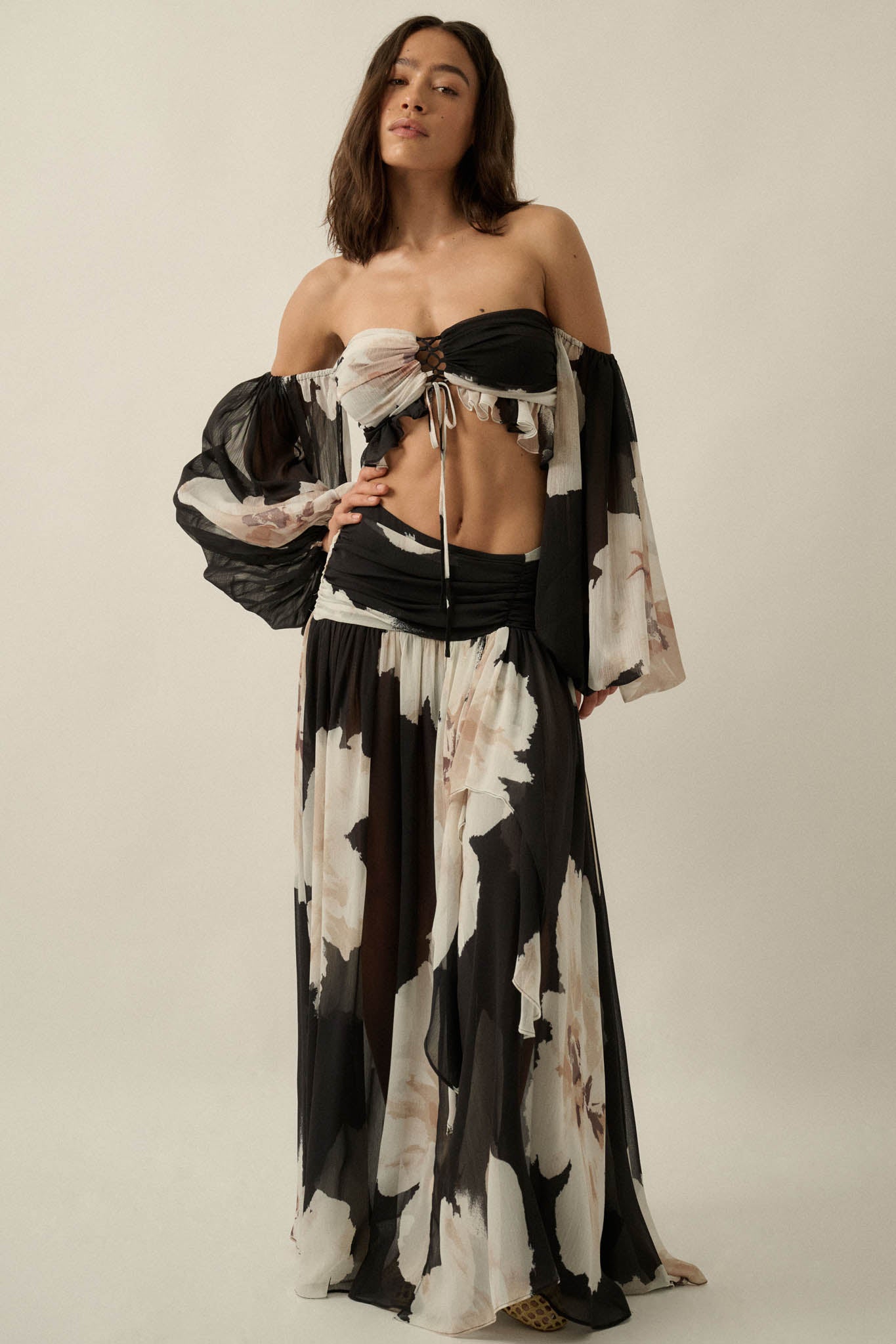 Peony Dream Floral Chiffon Long-Sleeve Bandeau Top