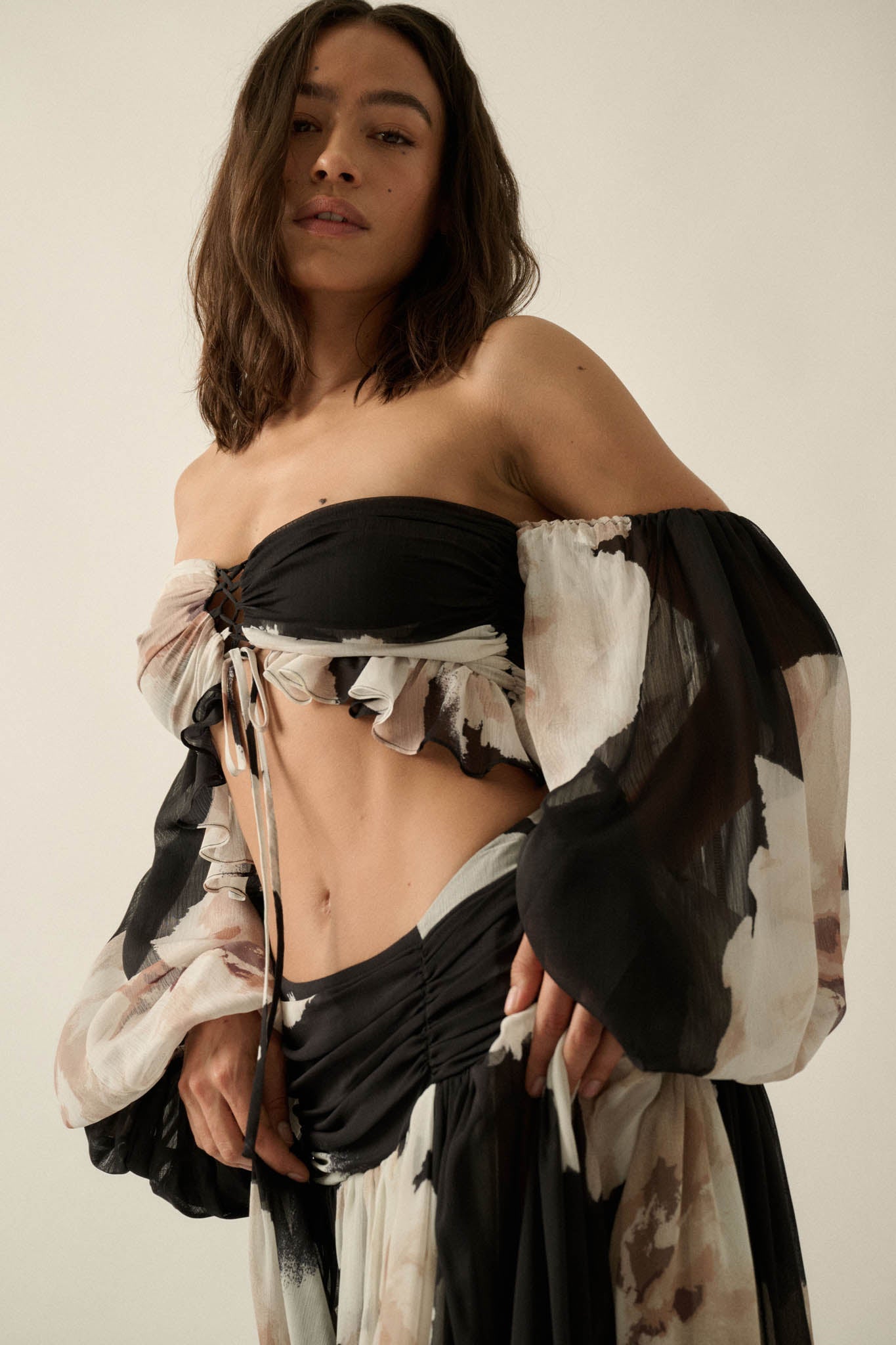 Peony Dream Floral Chiffon Long-Sleeve Bandeau Top
