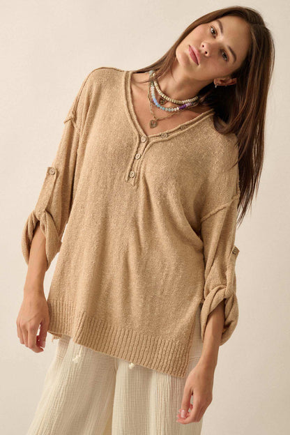 Slow Your Roll Exposed-Seam Roll-Up Henley Sweater