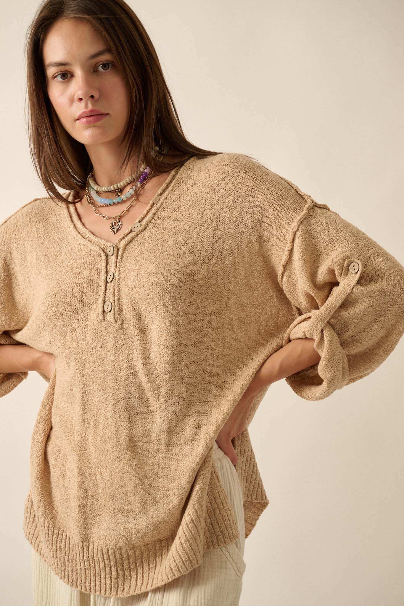 Slow Your Roll Exposed-Seam Roll-Up Henley Sweater