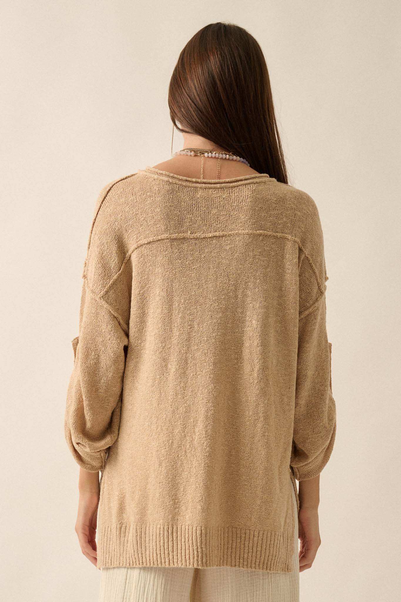 Slow Your Roll Exposed-Seam Roll-Up Henley Sweater