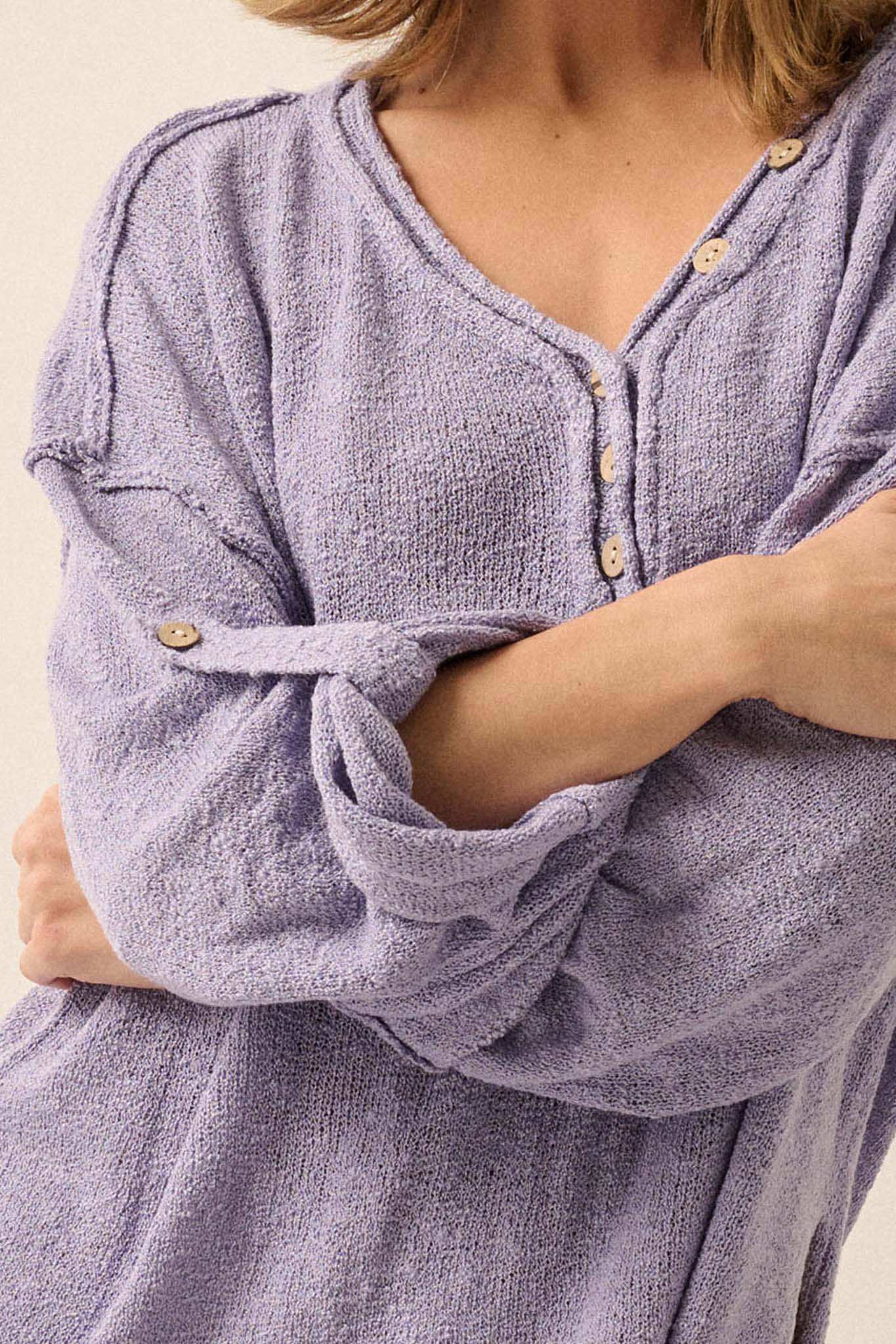 Slow Your Roll Exposed-Seam Roll-Up Henley Sweater