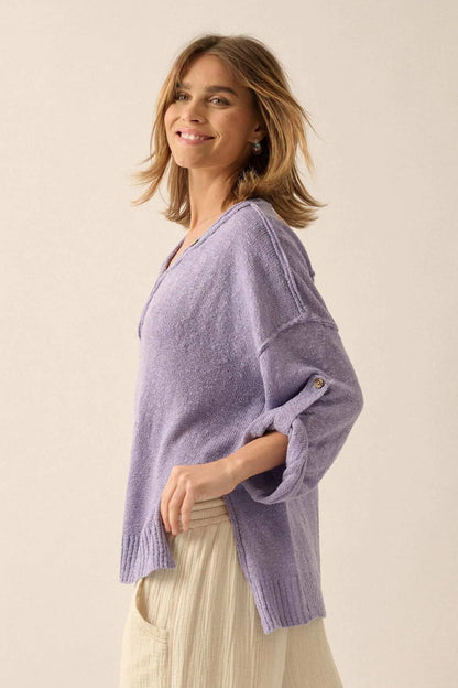 Slow Your Roll Exposed-Seam Roll-Up Henley Sweater