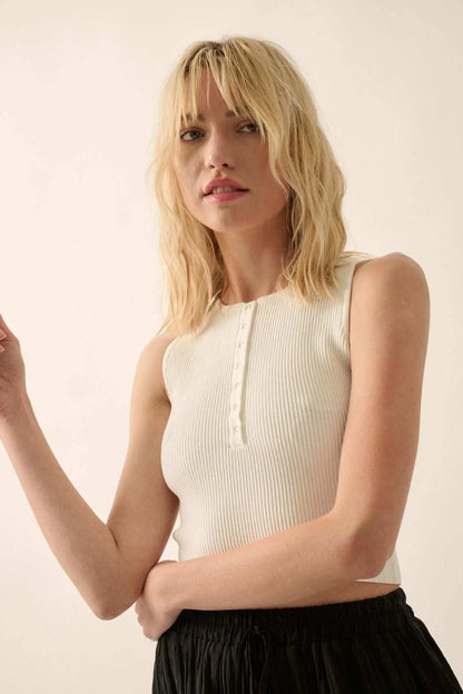 Shaper Fit Cropped Rib-Knit Sleeveless Henley Top