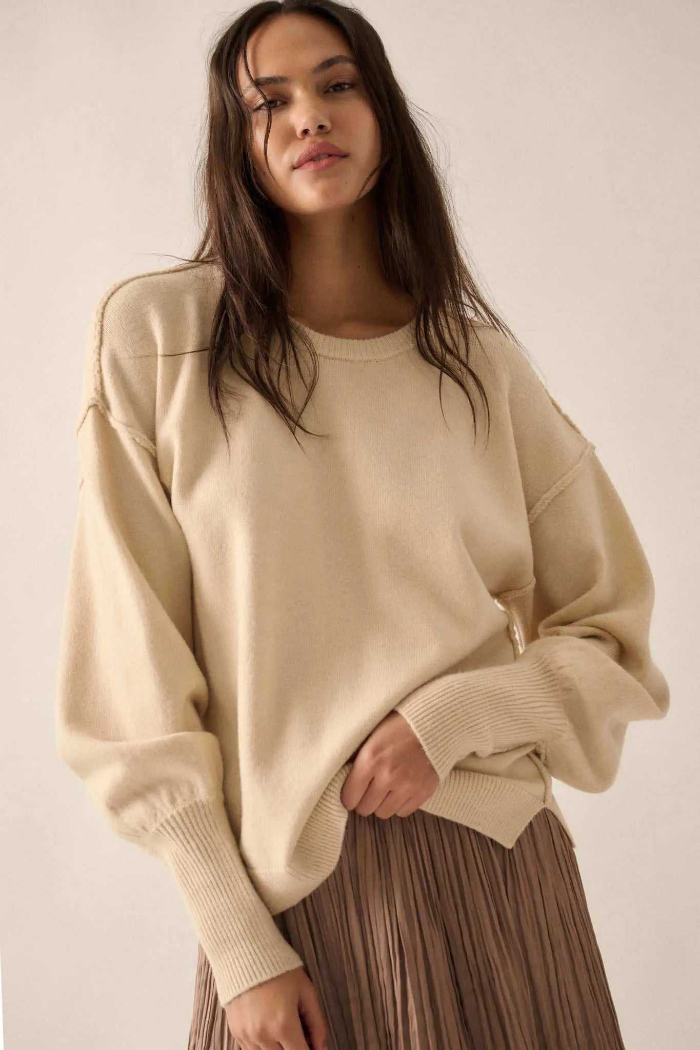 Old Soul Exposed-Seam Bishop-Sleeve Sweater
