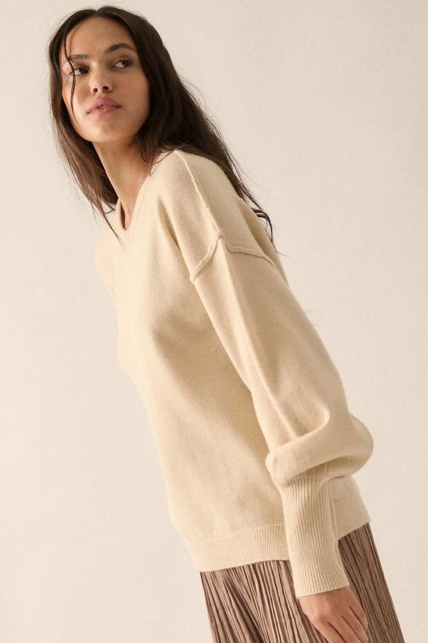 Old Soul Exposed-Seam Bishop-Sleeve Sweater